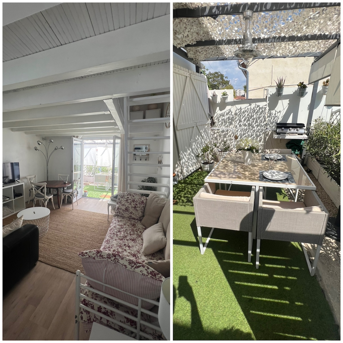 The living area features a cozy seating arrangement with floral-patterned cushions and a small coffee table. A large window provides natural light, and a view of the outdoor terrace is visible. The terrace is equipped with a dining table and grill, surrounded by greenery.
