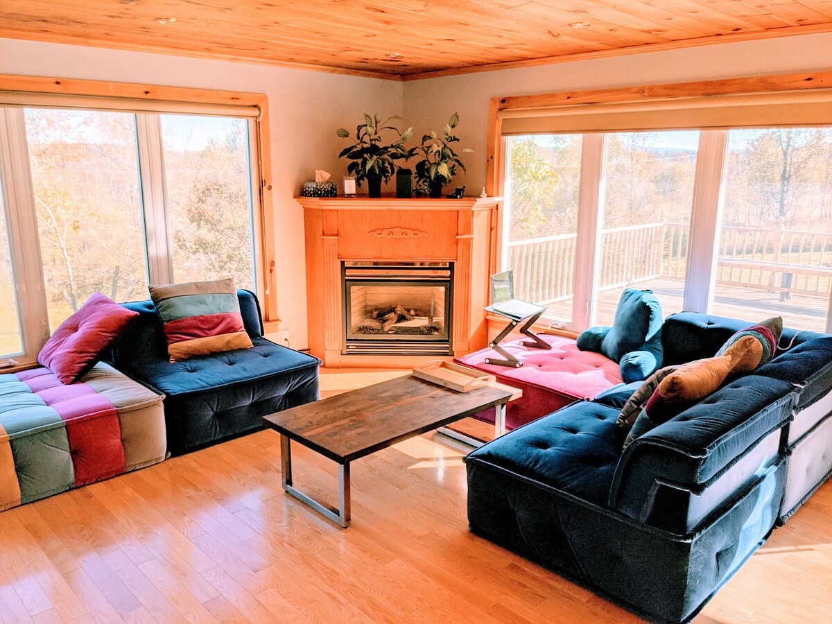 The living room features a combination of modular sectional sofas in various colors, arranged around a coffee table. A traditional wood-burning fireplace is centered on the wall, with large windows allowing natural light and views of the surrounding landscape. Potted plants add a fresh touch.