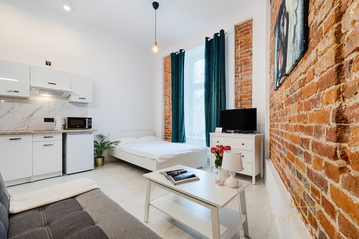 An open living space features a cozy sleeping area with a spacious bed, a stylish gray sofa, and a modern kitchenette. A flat-screen TV is positioned on a clean white cabinet. Large windows allow natural light, while exposed brick walls add texture to the atmosphere.