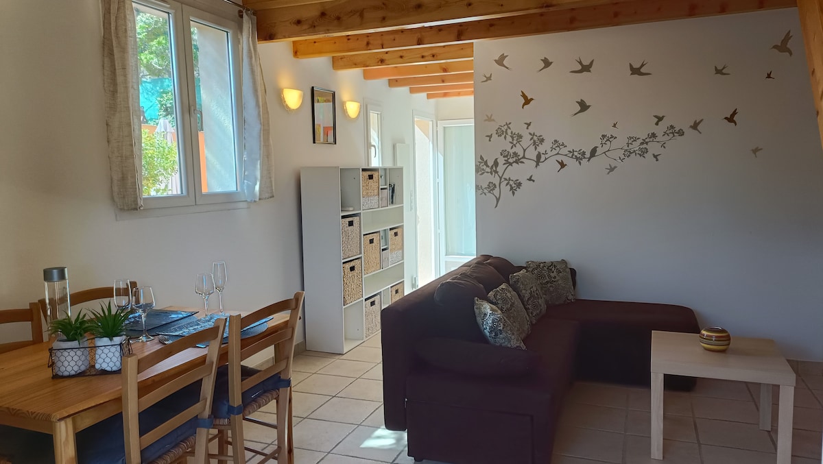 A comfortable living area is presented with a dark sectional sofa and a light wooden coffee table. A dining table for four is visible, adorned with two wine glasses. Natural light enters through two windows, complemented by decorative shelves and wall art featuring birds.