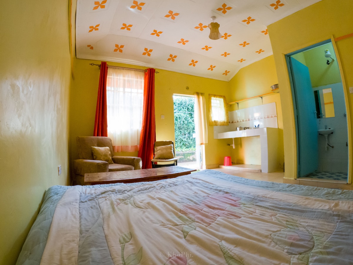 A bright studio apartment is presented with cheerful yellow walls and orange floral patterns on the ceiling. A comfortable seating area with a wooden table is situated beside large windows, allowing natural light to fill the space. An en-suite bathroom area appears in the background.