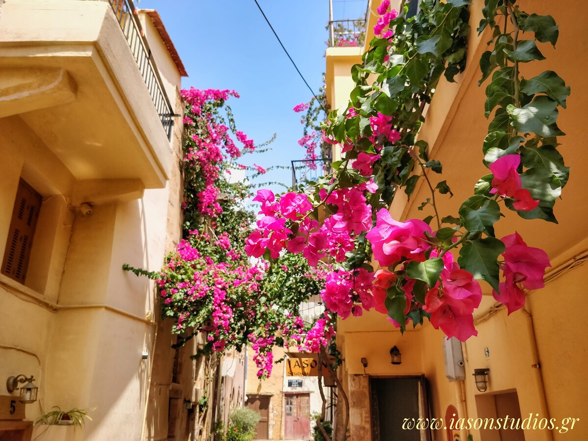 Charming alleys lined with vibrant pink bougainvillea create a lively atmosphere. The narrow pathway is flanked by two-story buildings, showcasing a blend of architectural styles. Soft sunlight filters through the foliage, highlighting the colorful flowers and adding warmth to the scene.