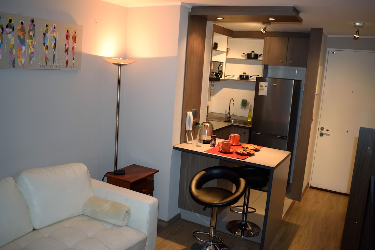 An open-plan living area features a modern kitchen with dark cabinetry and stainless steel appliances. A small dining table is positioned next to the kitchen, with a tray displaying snacks. A cozy white sofa is situated in the corner, with a floor lamp providing soft lighting.