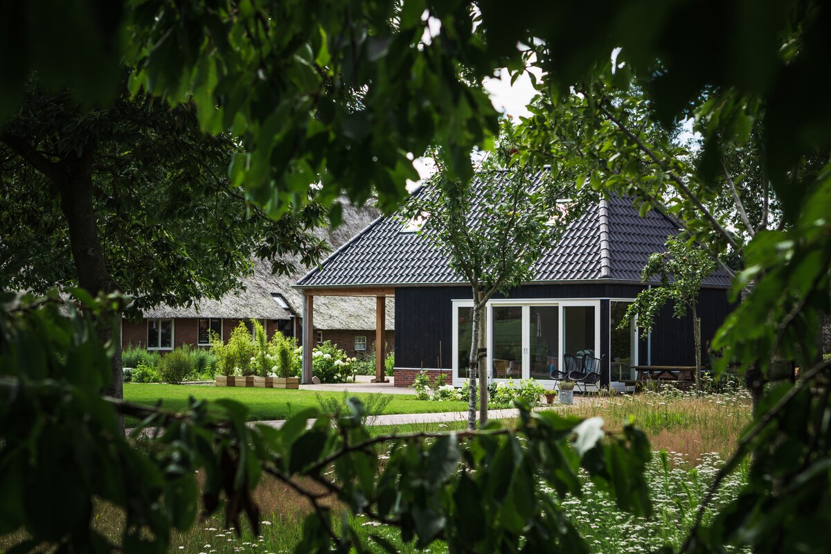 The image captures a view of a black wooden guesthouse framed by green foliage. A spacious porch with seating is visible, alongside well-maintained gardens featuring a variety of plants. The inviting exterior is complemented by the nearby traditional Saxon farmhouse.