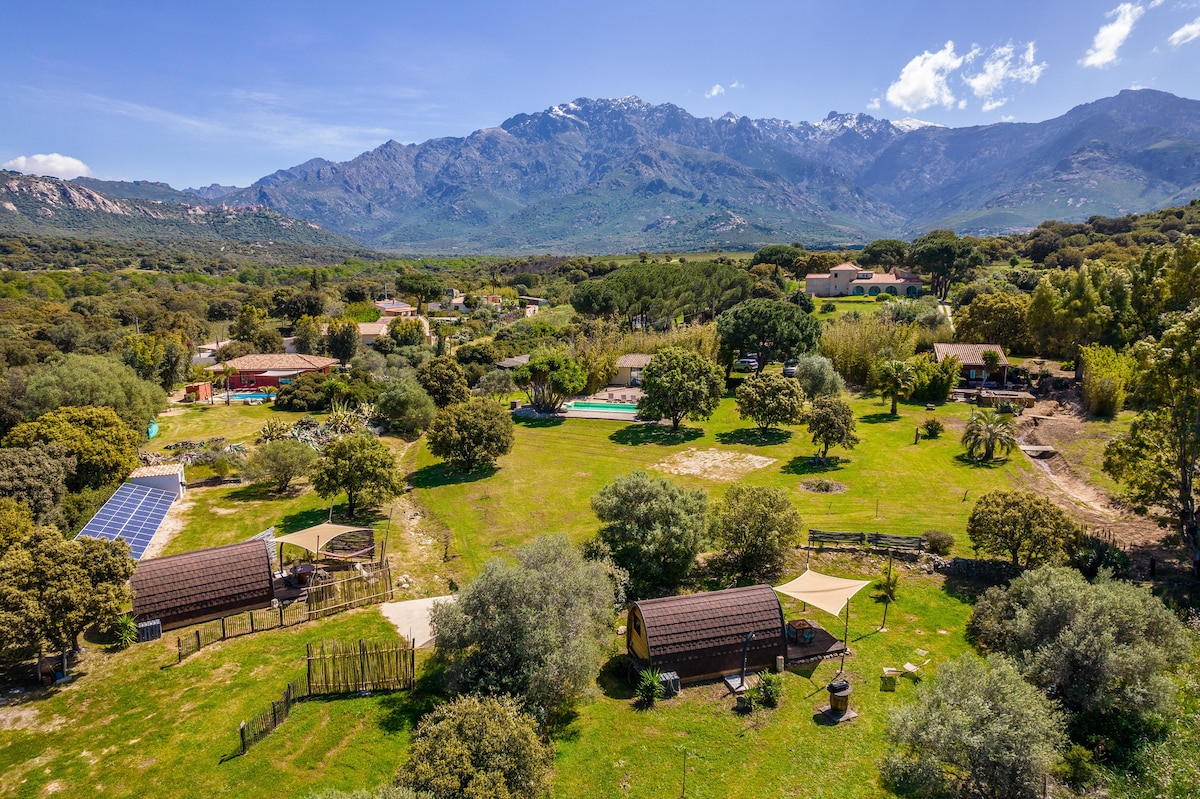An aerial view captures the expansive property nestled in nature, featuring unique cabins among lush greenery. The backdrop showcases the towering mountains, while the space includes a solar panel area, a swimming pool, and well-maintained gardens, all under a bright blue sky.