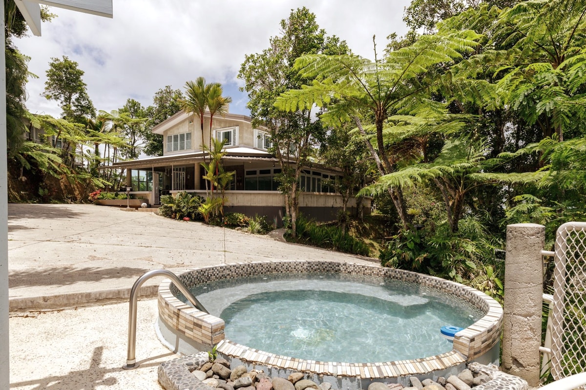 A sheltered heated jacuzzi is visible in the foreground, surrounded by natural stone. The backdrop features a two-level residence with large windows, blending seamlessly into the lush greenery of the surrounding landscape that includes tropical plants and trees.
