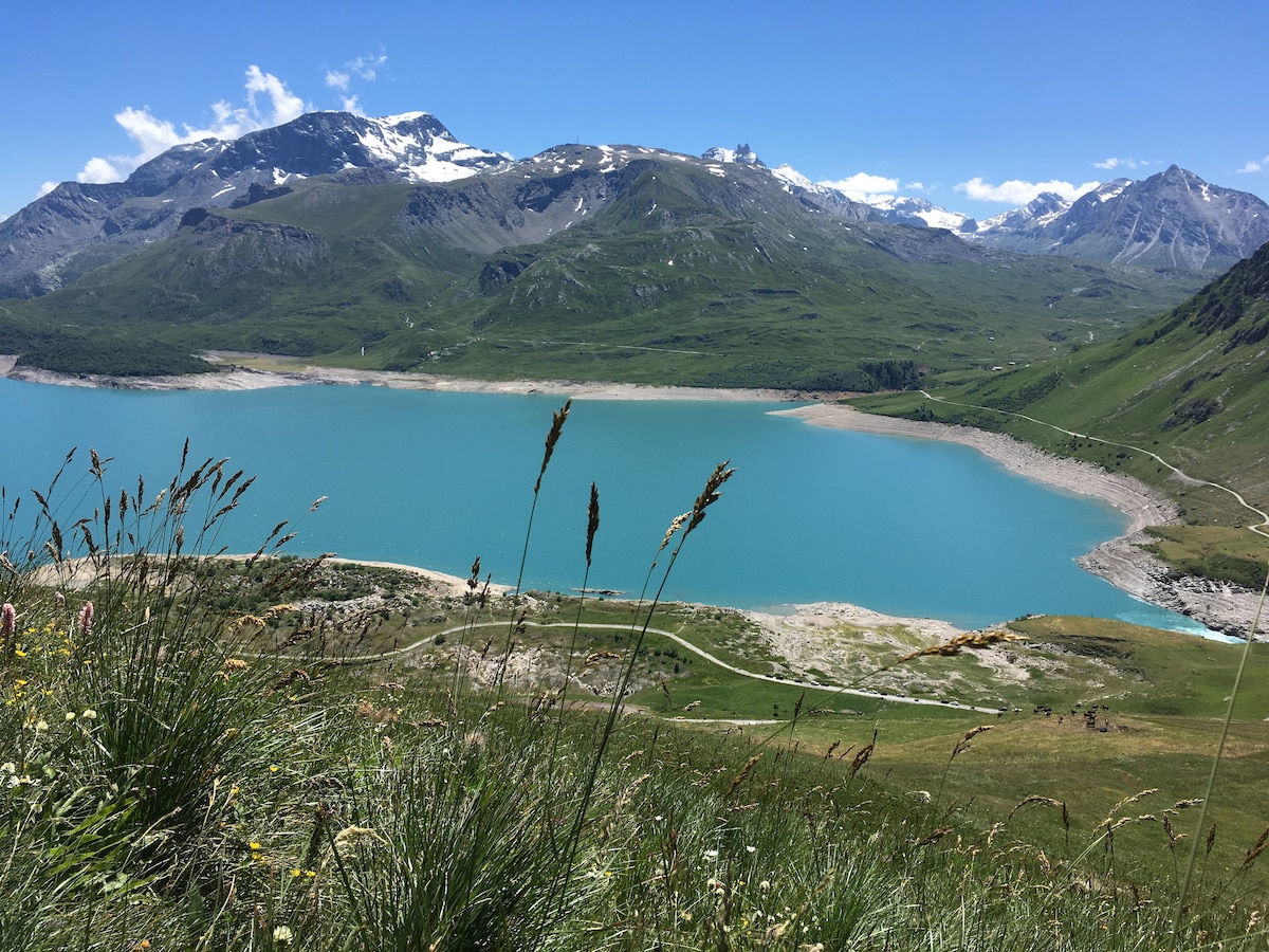 A serene landscape features a bright turquoise lake surrounded by lush green hills and distant mountains. The gently sloping terrain is dotted with tall grass and wildflowers, contributing to the natural beauty of the scene. Clear blue skies complement the tranquil atmosphere.