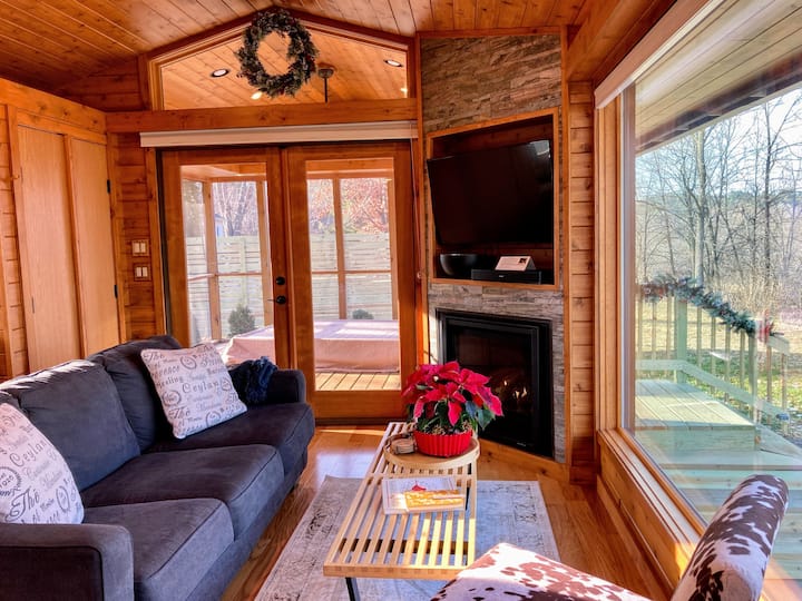 cabin living room with large window