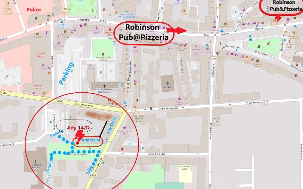 A detailed map is presented, highlighting the location of Robinson Pub & Pizzeria along with nearby points of interest. Key streets, parking areas, and public transport connections are marked, providing a visual guide to the surrounding area of the apartment.