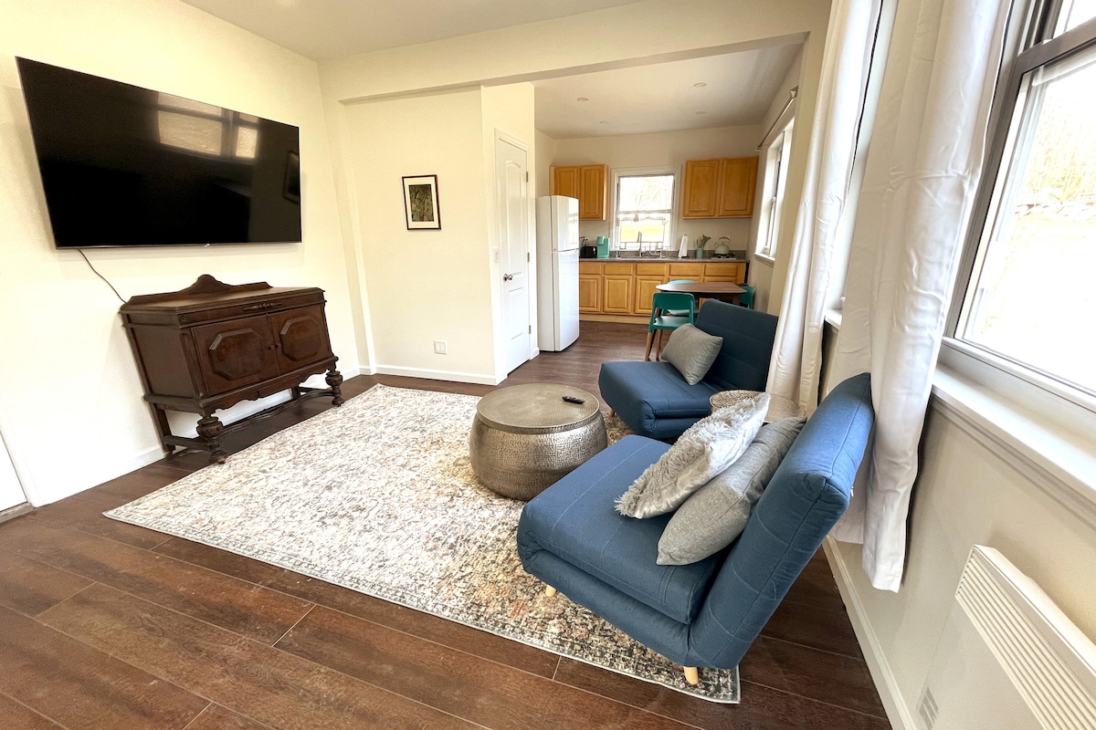 Carmine's living room area with large TV.   Chairs convert into twin beds.