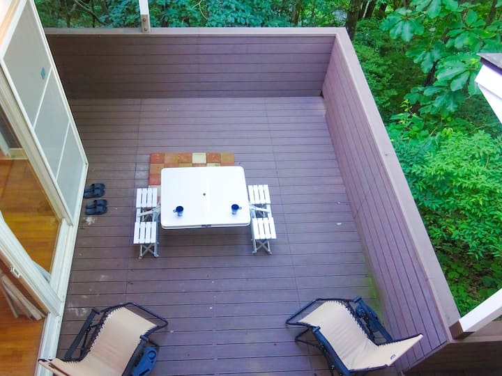 Open BBQ on the wooden deck in luxury villa including Nasu Highland Park