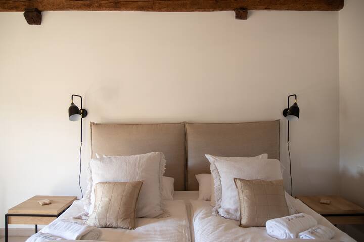 Suite du Roi está situada en la planta baja en el antiguo establo,  tiene vistas al jardín y al campo, tiene una cama King size doble de 2*100*200 gran comodidad y un sofá cama de 140*190 con un buen colchón con capacidad para 2 niños. 