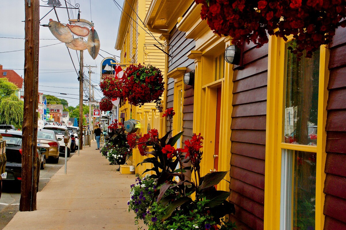 A vibrant streetscape features charming yellow buildings adorned with flower baskets in full bloom. Sidewalk planters overflow with colorful plants, creating a welcoming scene. The street is lined with parked cars, and faint glimpses of the waterfront can be seen in the distance.