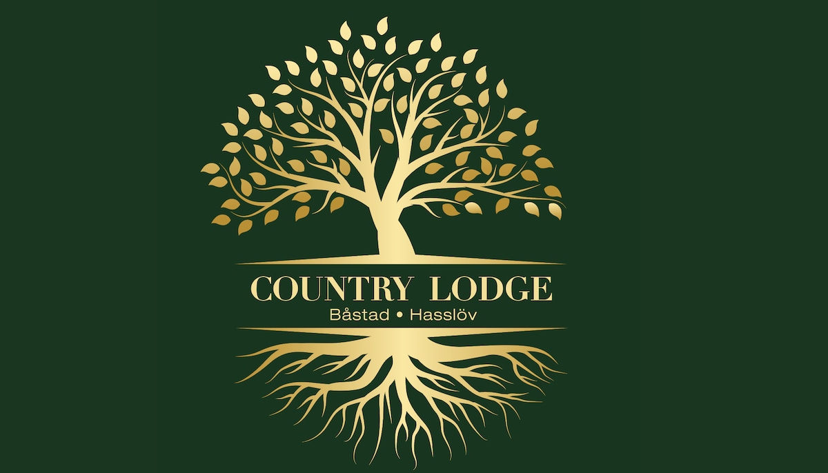 The logo of Country Lodge features a stylized tree with golden leaves and intricate roots, set against a dark green background. The name 'Country Lodge' is prominently displayed beneath the tree, with 'Båstad' and 'Hasslöv' listed below, creating a cohesive and welcoming visual identity.