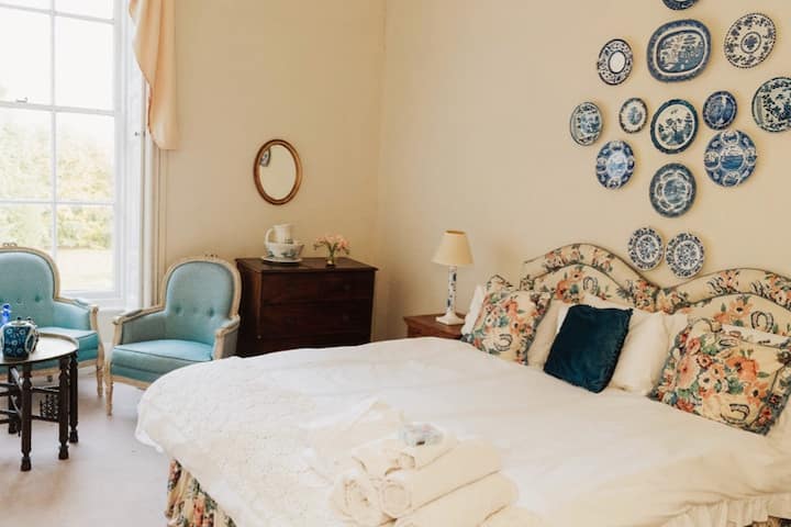 Blue room; superking with Colefax and Fowler materials, and plates from the Potteries. Zip link, let me know if you want it as a twin 