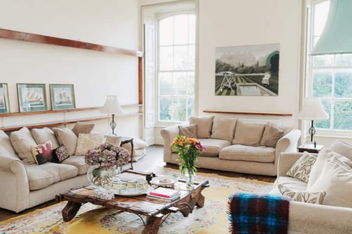 Living room with open fire, Apple TV