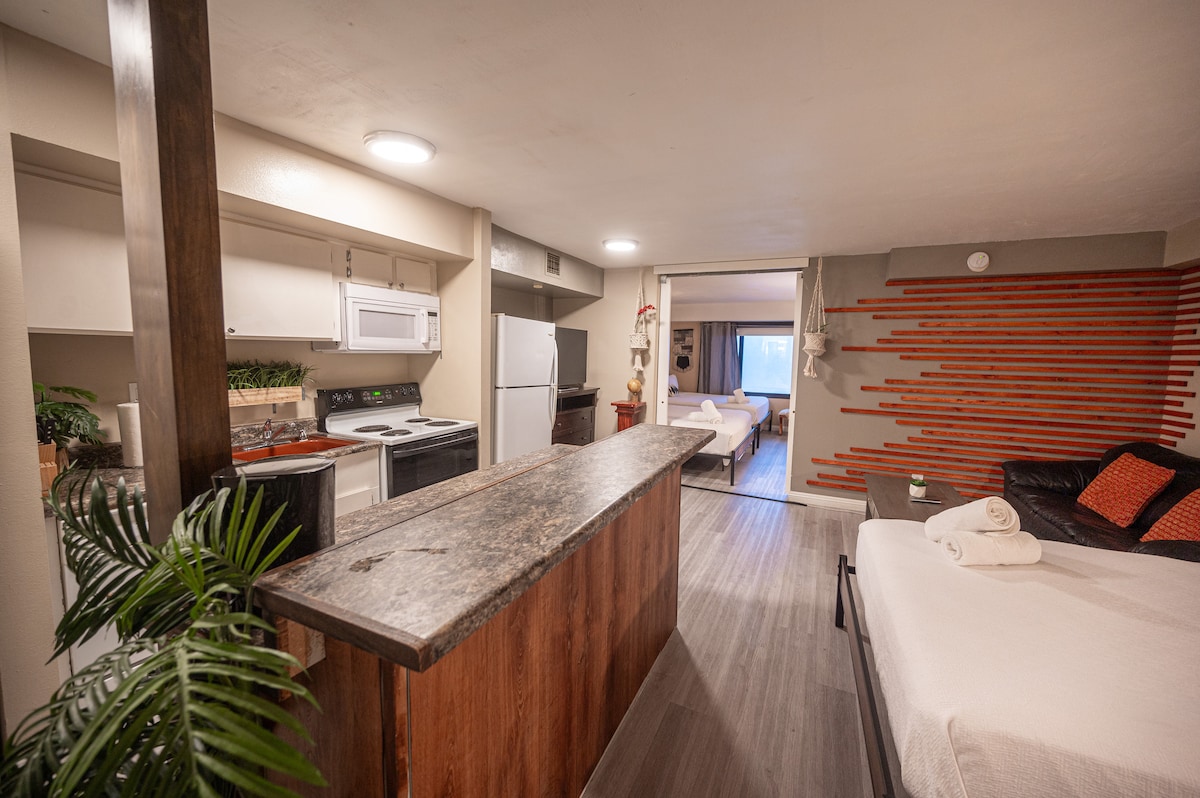 A spacious room features an open concept with a full kitchen area, equipped with a stove, microwave, and refrigerator. A bar with wooden accents separates the kitchen from the living area, which has a sofa and bed, complemented by modern decor and soft lighting.
