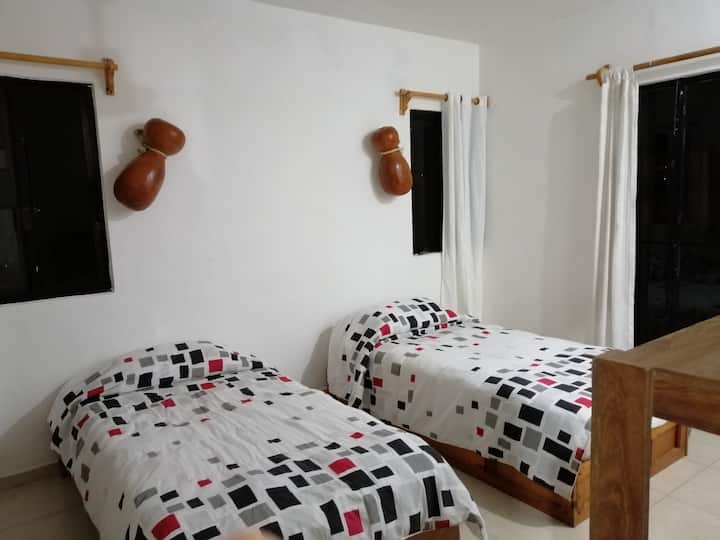 Quetzal卧室、两张单人床、书桌和私人阳台出口。