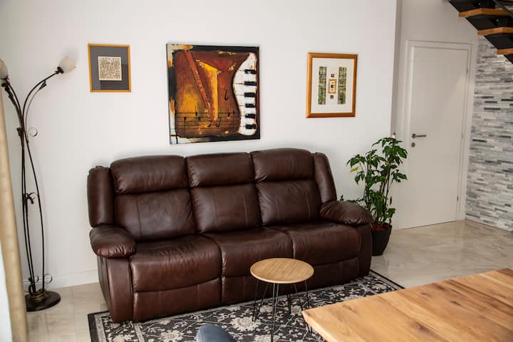 Dhomë ndenjjeje me dhomë ngrënieje,  kuzhinë, televizor dhe tarracë me pamje nga kopshti.