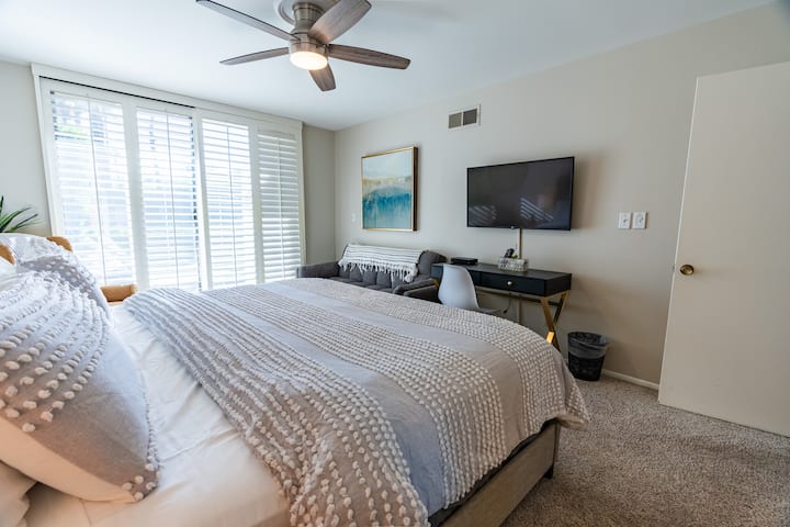 主卧、加大双人床、书桌、电视、可拉成一张单人床的小沙发（适合儿童）。