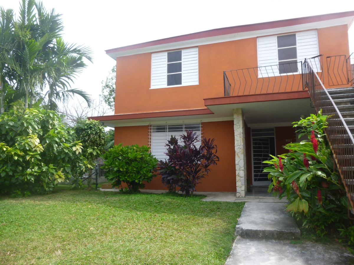 The exterior of a two-story orange house is visible, framed by lush greenery. The entrance is marked by stone steps leading to the upper level, with a balcony above. Windows are adorned with white shutters, allowing natural light into the rooms.