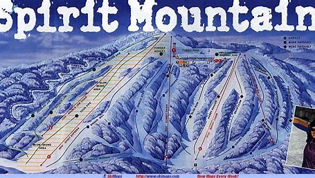 A detailed trail map is presented, displaying the layout of Spirit Mountain. The map features various slopes, designated trails, and symbols indicating ski lifts and difficulty levels. A color-coded system is used for clarity, enhancing navigation for skiers and snowboarders of all skill levels.