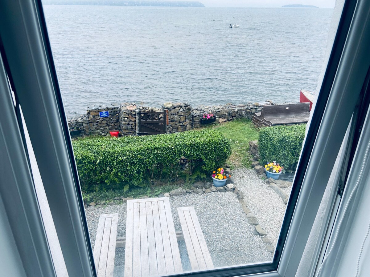 A view from a window frames the tranquil seafront, featuring a stone wall and planters with vibrant flowers. Gravel pathways lead to a wooden seating area, and water gently laps at the shore, complementing the serene coastal landscape.