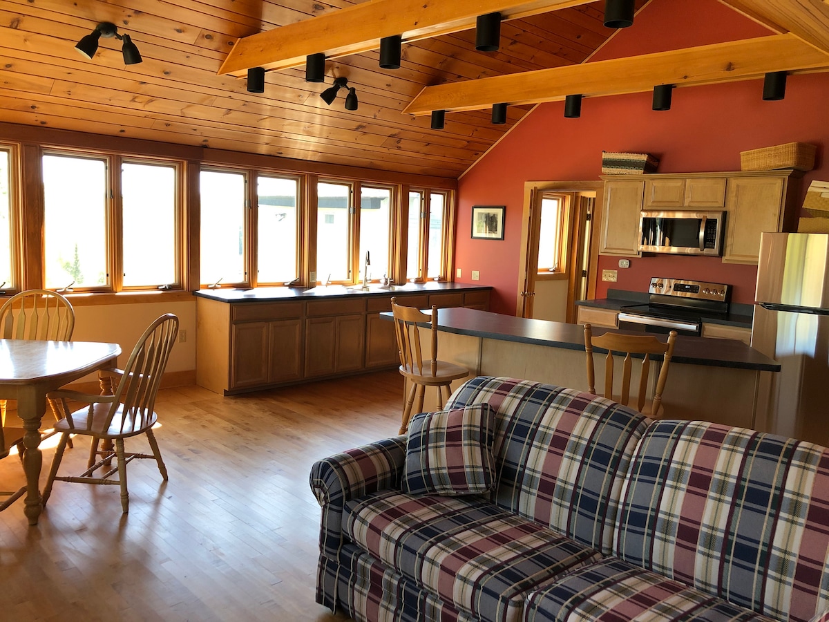 ห้องครัวและห้องนั่งเล่นพร้อมเตียงควีนไซส์แบบกางออก