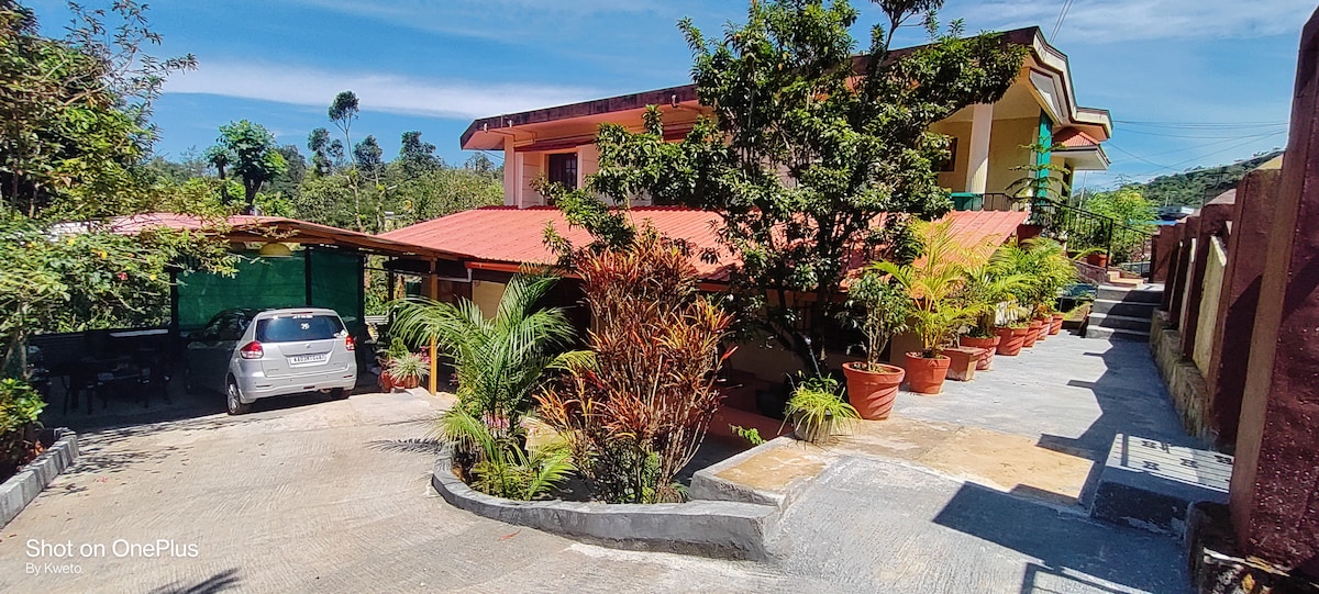 A spacious property is surrounded by lush greenery and well-maintained flower pots. A car is parked in a gravel driveway, leading to a two-story house with a vibrant roof. A wide pathway runs alongside, enhancing accessibility while offering views of the serene environment.