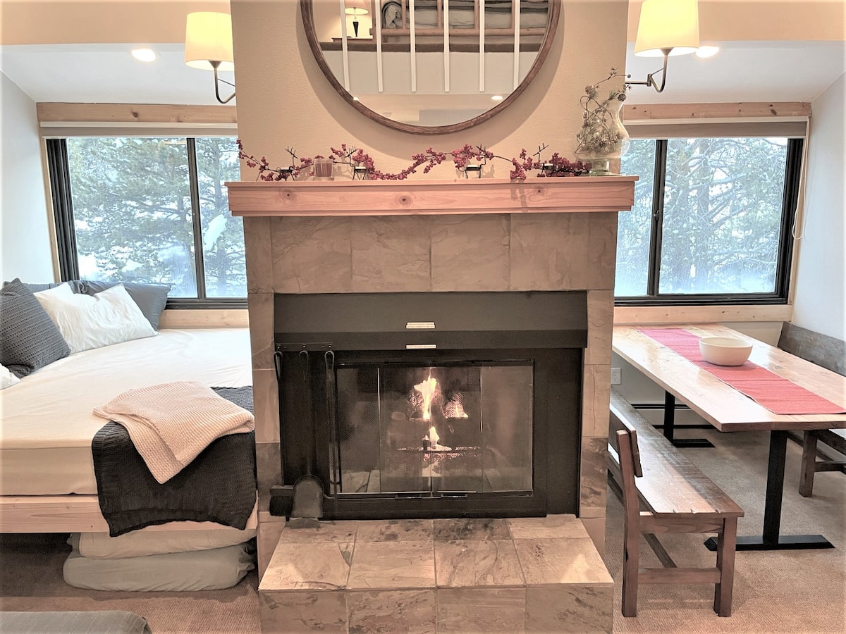 Window bed beside the gas fireplace
