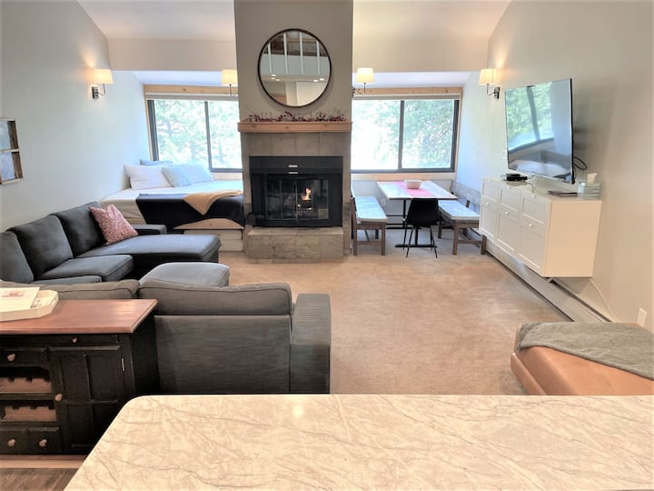 Living room with fireplace and dining table