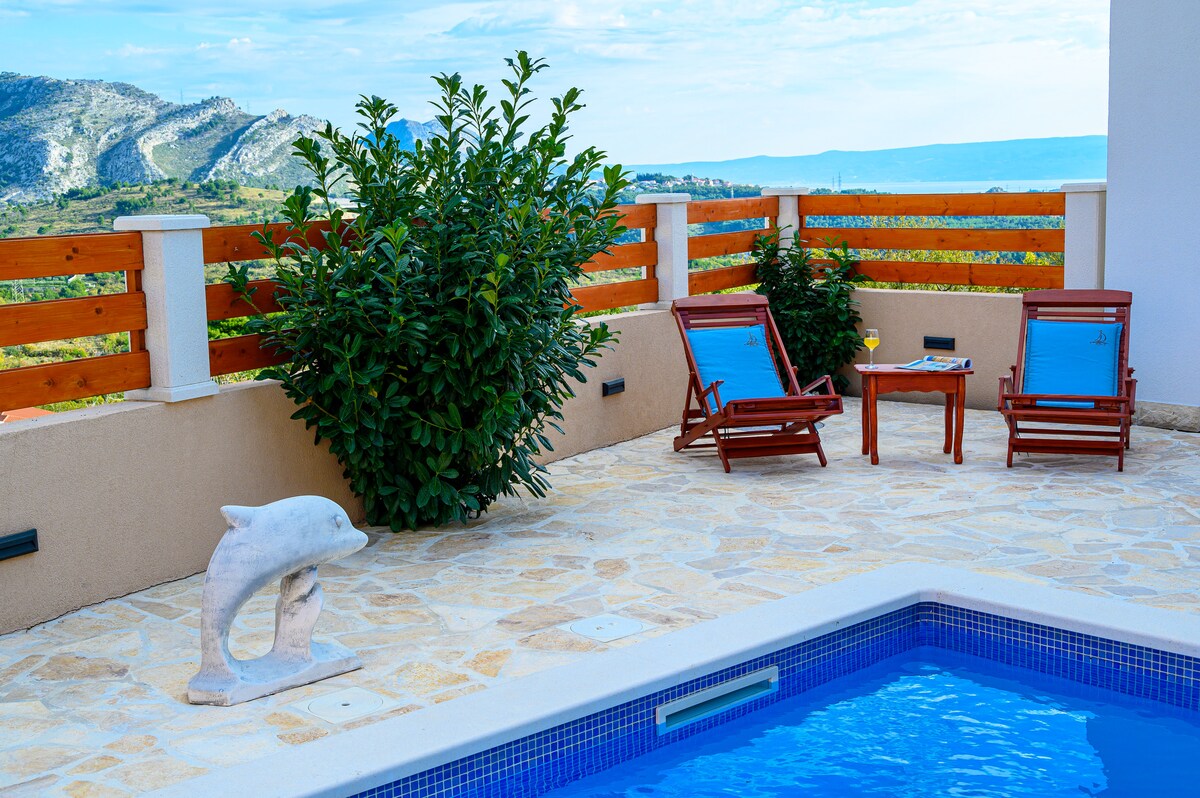 A private outdoor area features a swimming pool bordered by a stone terrace. Two wooden lounge chairs with blue cushions are positioned beside a small table. A decorative dolphin sculpture is positioned nearby, complementing the lush greenery and scenic views of the surrounding hills.