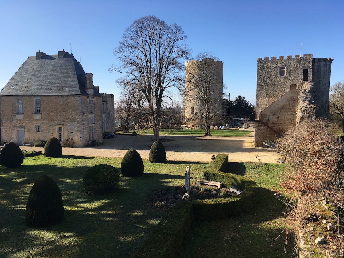 A view of the castle grounds features a charming garden with neatly trimmed shrubs and pathways. The medieval tower rises prominently in the background, while a quaint stone house sits adjacent. Sunlight bathes the landscape, highlighting the historical charm of the surroundings.