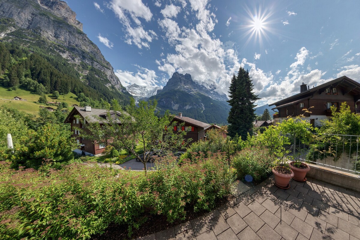 The terrace offers a panoramic view of the surrounding mountains, including the impressive peaks of the Jungfrau region. Lush greenery and potted plants frame the space, while the vibrant sky holds scattered clouds and bright sunlight, creating an inviting outdoor environment.