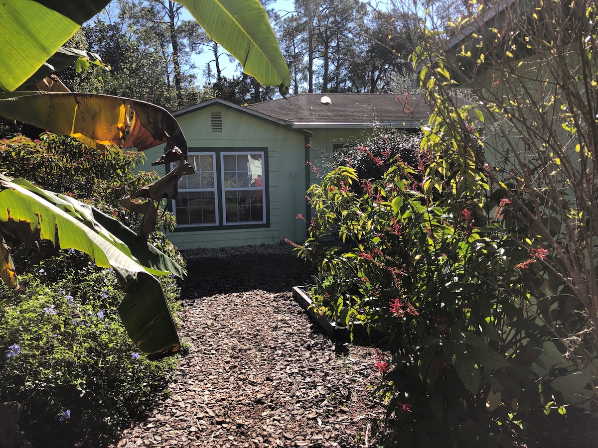 A garden pathway leads to the studio cottage, bordered by vibrant greenery and flowering plants. Large windows of the cottage provide a view into the inviting living space. Sunlight filters through leaves, creating a serene and natural setting.