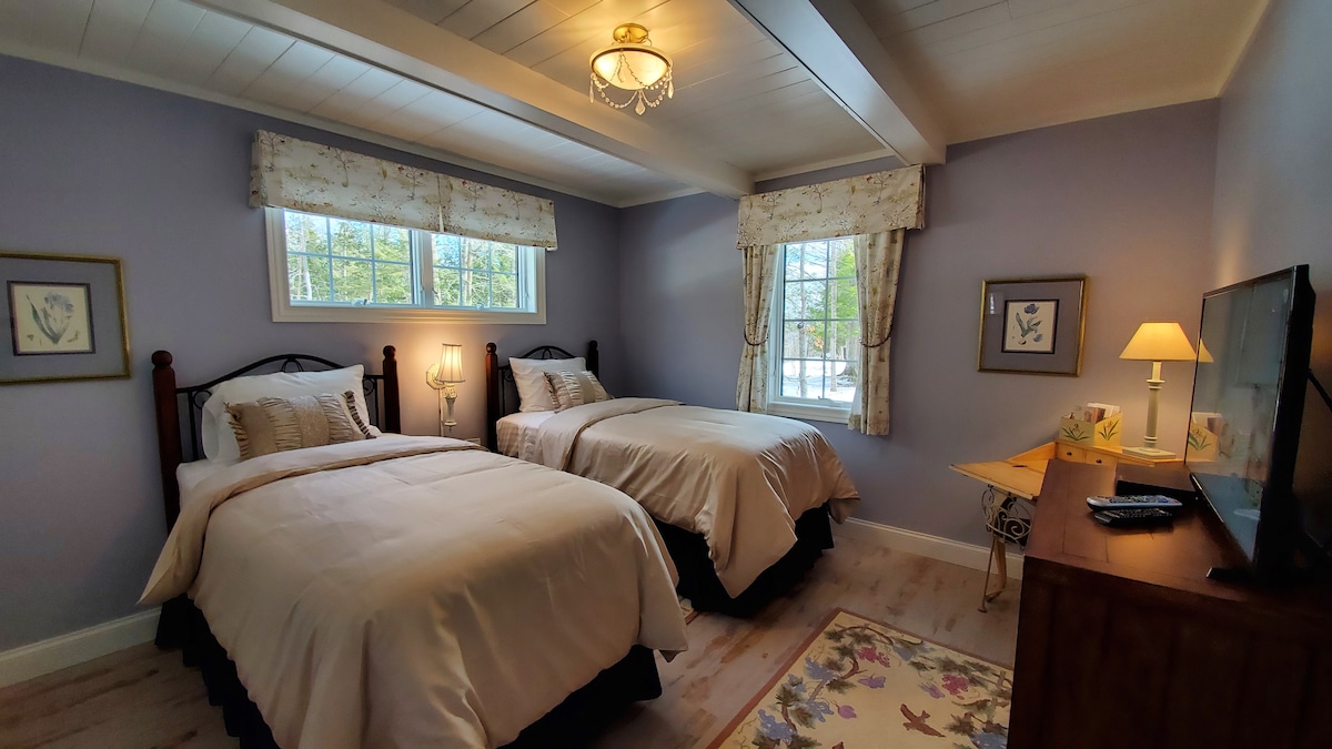 The spacious second bedroom has two twin beds. 