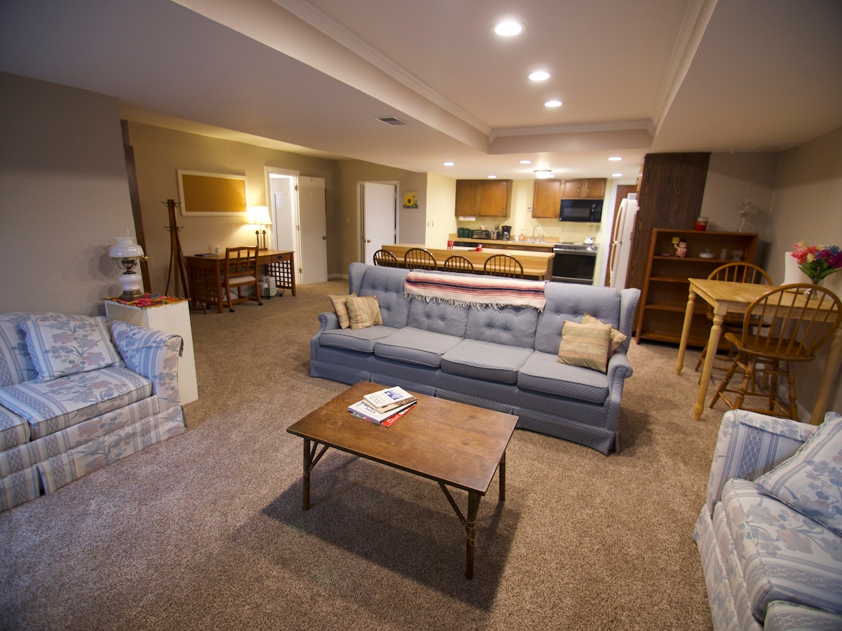 A spacious living area features comfortable seating arrangements, including a blue fabric sofa and two patterned armchairs. A wooden coffee table sits centrally, with magazines and a small vase. The open kitchen area is visible in the background, equipped with modern appliances.