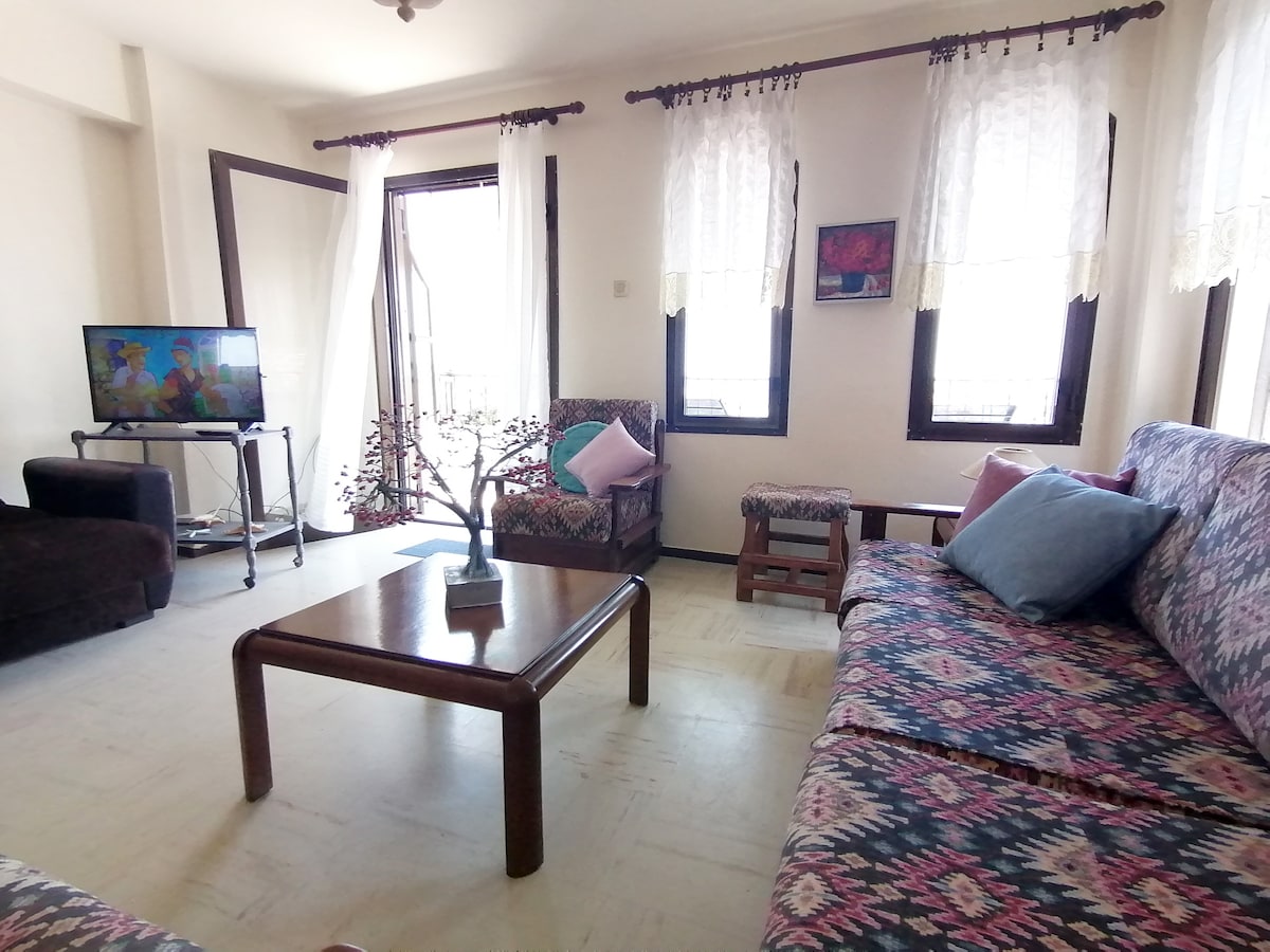 The living area features a comfortable seating arrangement with patterned couches and colorful cushions. A wooden coffee table is centered between the seating. Natural light filters through the lace curtains of the large window, enhancing the bright ambiance of the space.