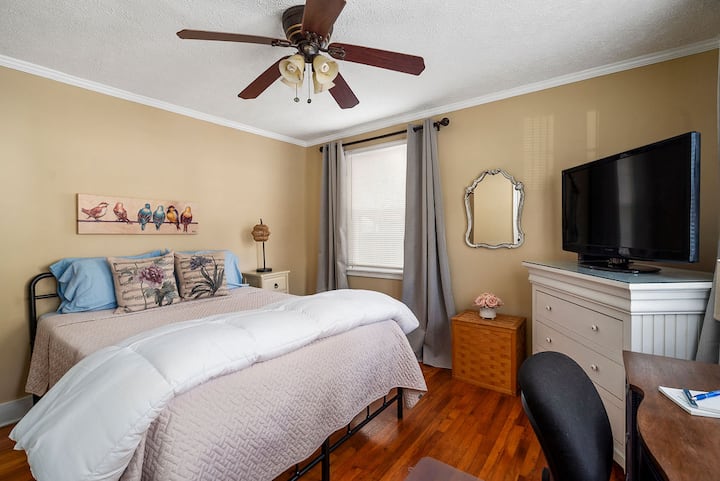 This cheerful, whimsically decorated bedroom includes a queen bed, ceiling fan, blackout curtains, closet, device charging stations, Roku TV & desk with comfy office chair and robust WiFi. Pack n' Play and iron/ironing board in closet.