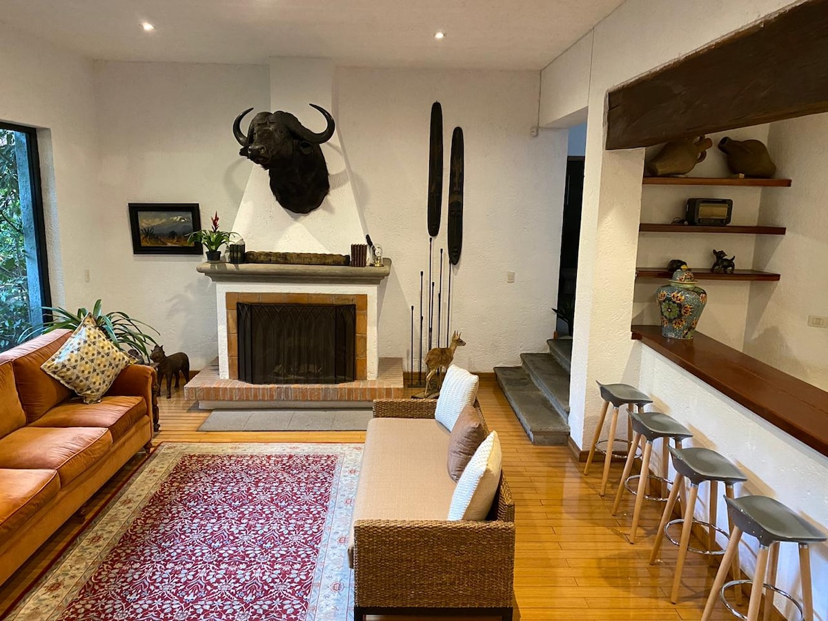 A spacious living area features a large, comfortable sofa set contrasted by a textured area rug. A decorative bull's head and tribal art pieces adorn the walls above a stone fireplace, while a sleek bar area with high stools offers a casual gathering space.
