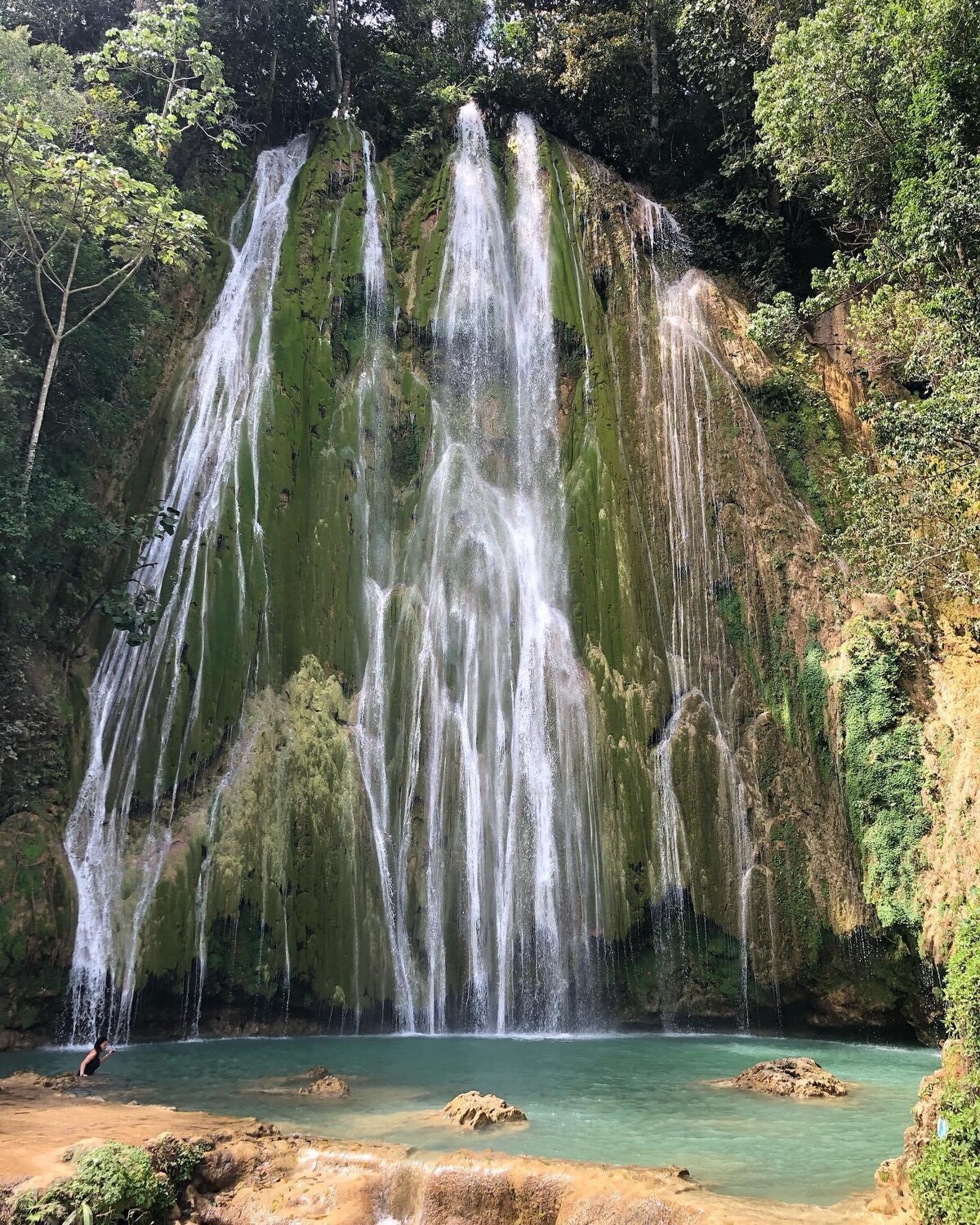 A tall waterfall cascades down moss-covered rocks, creating a serene pool at its base. Surrounded by lush greenery, the area offers a natural, calming environment, with sunlight filtering through the surrounding trees, enhancing the tranquil setting.