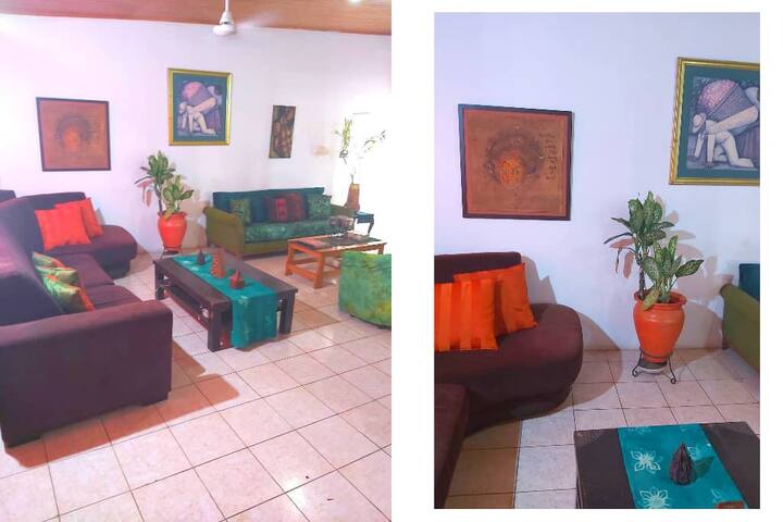 Hang out in our spacious earthy green living room