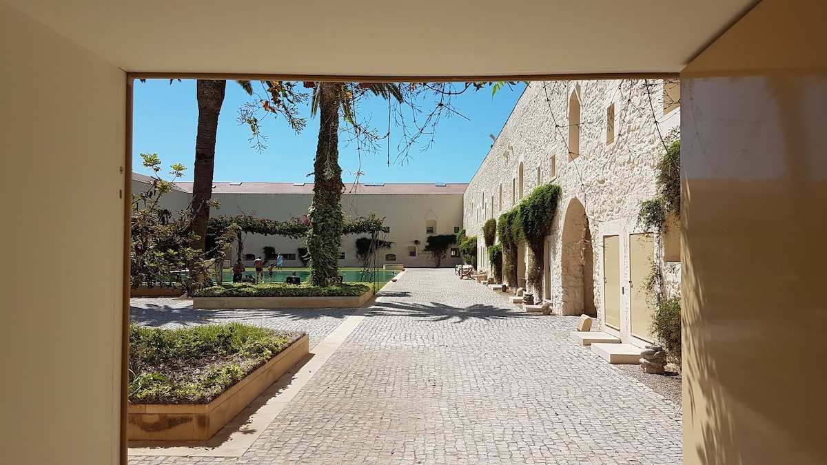 The image captures a view from an entrance, showcasing a cobblestone walkway that leads to a courtyard with verdant palm trees and shaded seating areas. The stone walls of the convent stretch along either side, with greenery contrasting against the light-colored stone.