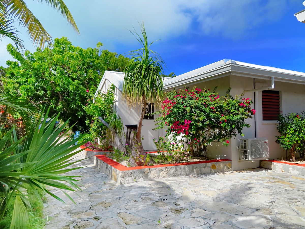 A charming villa is surrounded by vibrant tropical gardens and lush greenery. The stone pathway leads to the villa's entrance, framed by flowering shrubs in various hues. The building features a simple design with windows and air conditioning units visible on the exterior.