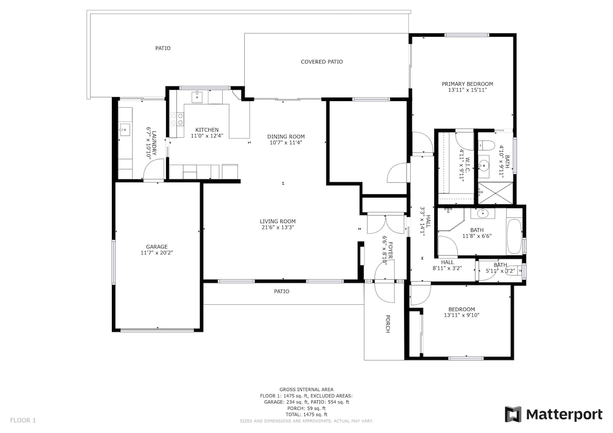 The floor plan illustrates a well-organized layout featuring distinct areas including a garage, kitchen, dining room, living room, and two bedrooms. Each room is labeled with dimensions, providing clarity on space allocation. Outdoor areas such as a covered patio and primary patio are also indicated.