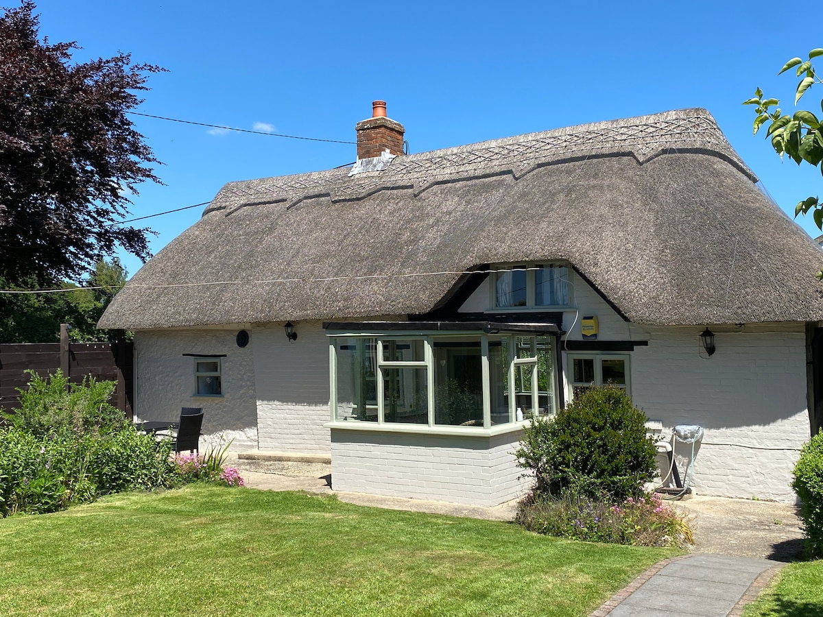The charming cottage features a classic thatched roof and whitewashed exterior. A sun room with large windows is located at the front, surrounded by a well-maintained grassy garden and colorful plants. Bright blue skies provide a serene backdrop.