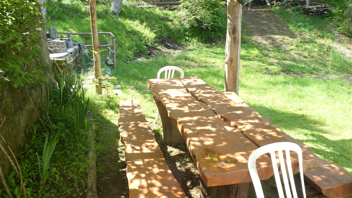 A wooden table is placed beneath a pergola, surrounded by greenery. Several chairs are positioned around the table. Sunlight filters through the leaves above, casting gentle shadows on the ground. A stone barbecue is visible in the background, enhancing the outdoor setting.