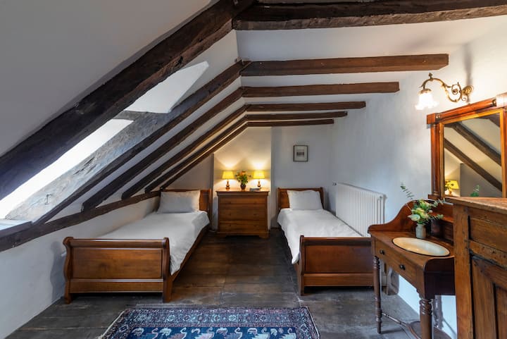 Bedroom #3
Nestled under the eaves, this attic bedroom with its snug twin beds offers a cozy nook for relaxation, imbued with the timeless character of the château.