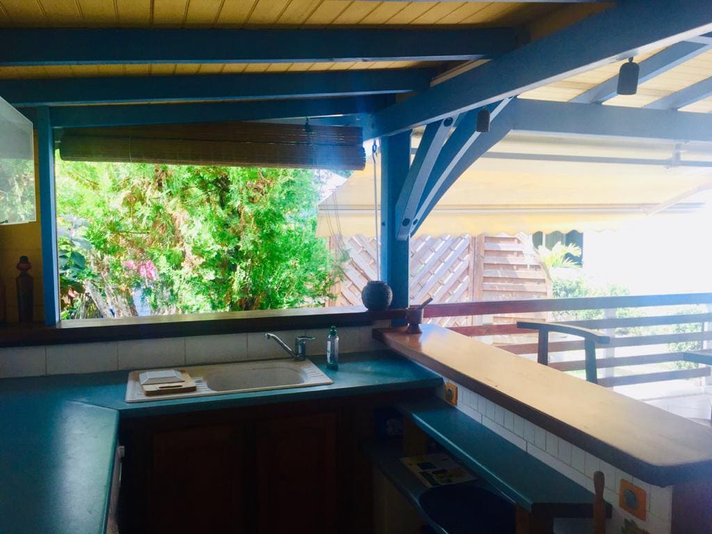 An open kitchen area provides a view of the lush greenery outside through large open windows. A bar counter with stools is featured, alongside a sink and countertop. Natural light floods the space, creating a fresh and inviting atmosphere.