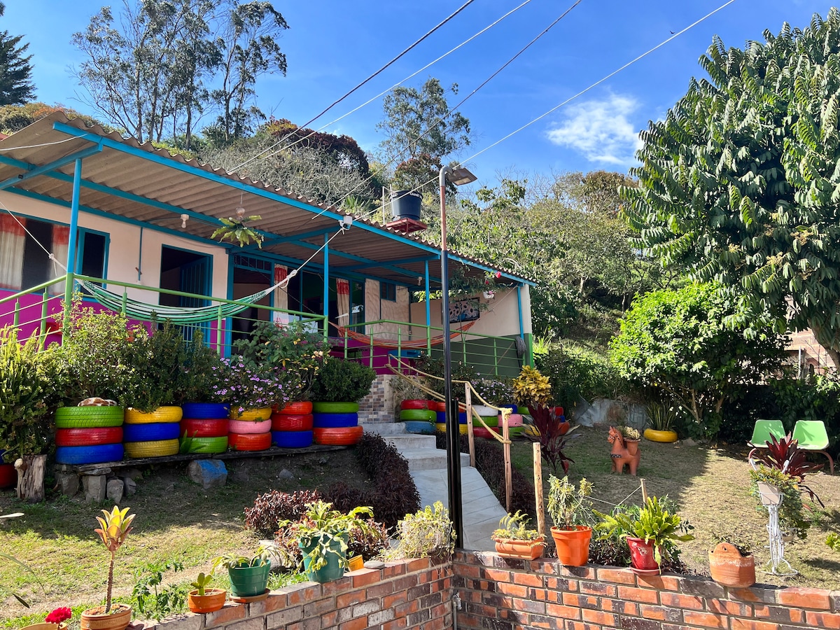 A vibrant, multi-colored house is nestled amidst greenery, showcasing a welcoming terrace with steps leading up to the entryway. Decorative tire planters in various colors line the path, surrounded by potted plants. The lush landscape includes areas for relaxation, ideal for families and pets.